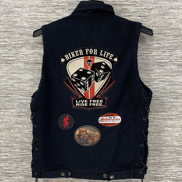 Dream Apparel Black Denim Biker Vest W/ Patches & Buttons Laced Sides Size L - Picture 2 of 16